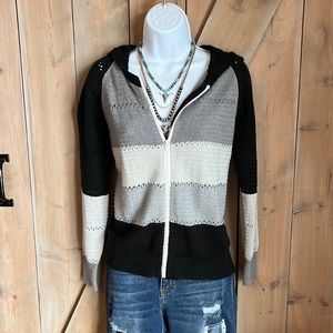 Black Gray White Open Knit Zip Up Hooded Sweater